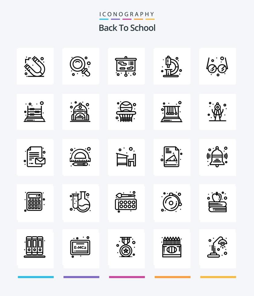 kreativ tillbaka till skola 25 översikt ikon packa sådan som glasögon. mikroskop. presentation. labb. kemi vektor
