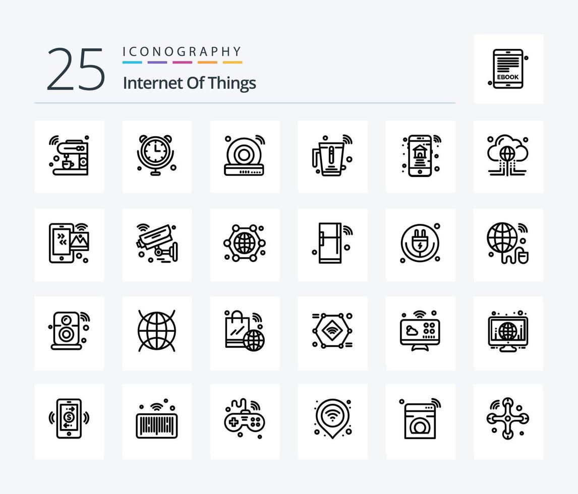 Internet der Dinge 25-Zeilen-Icon-Pack inklusive Internet. Rührgerät. Internet der Dinge. Saft. Internet vektor