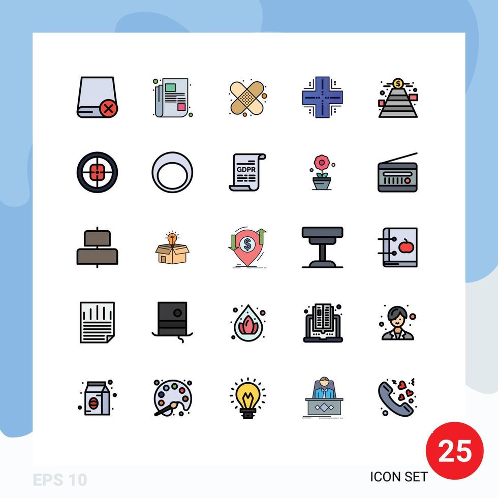 25 universell gefüllte flache Farbzeichen Symbole der Fundraising-Server Bandhilfe Mainframe-Datenbank editierbare Vektordesign-Elemente vektor
