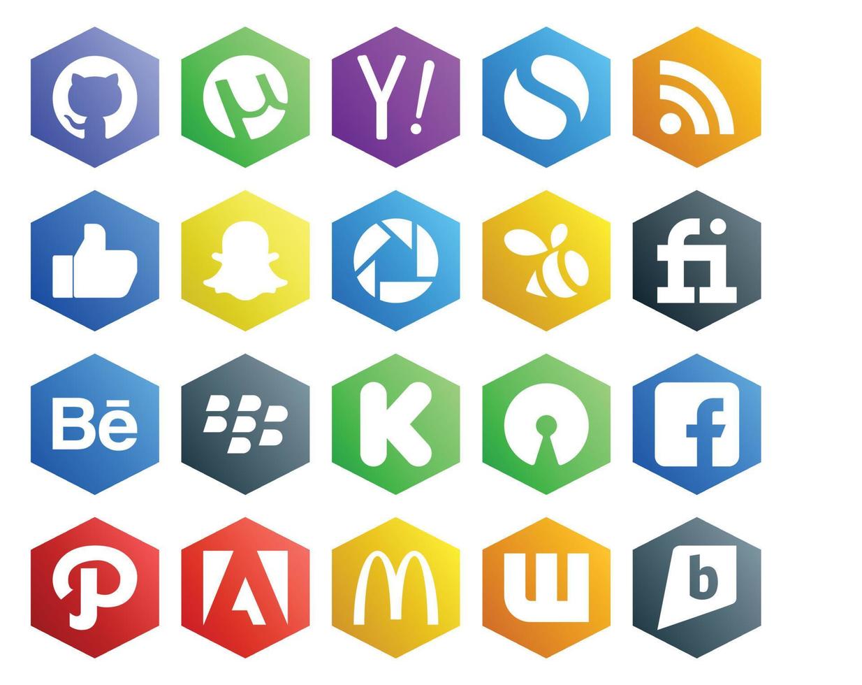 20 Social Media Icon Pack, einschließlich Adobe Facebook Picasa Open Source Blackberry vektor