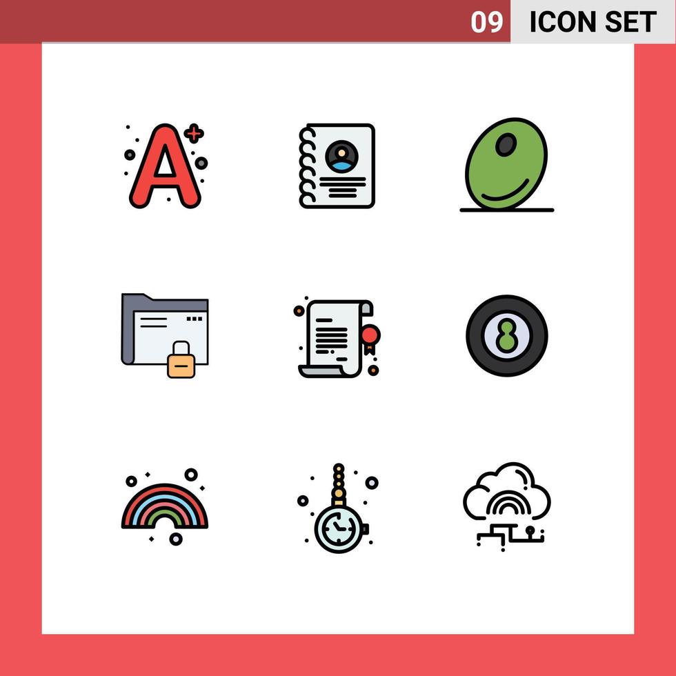 9 universell fylld linje platt Färg tecken symboler av certifikat säkra mat skydd mapp redigerbar vektor design element