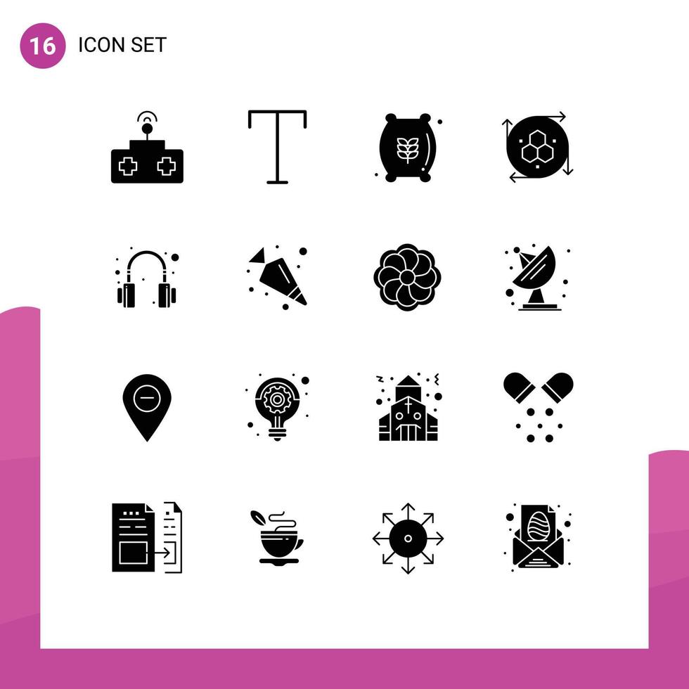 16 universelle solide Glyphen für Web- und mobile Anwendungen. Headset, Kopfhörer, Mehlbeutel, Modellierungswerkzeug, Modellierungs-API, bearbeitbare Vektordesign-Elemente vektor