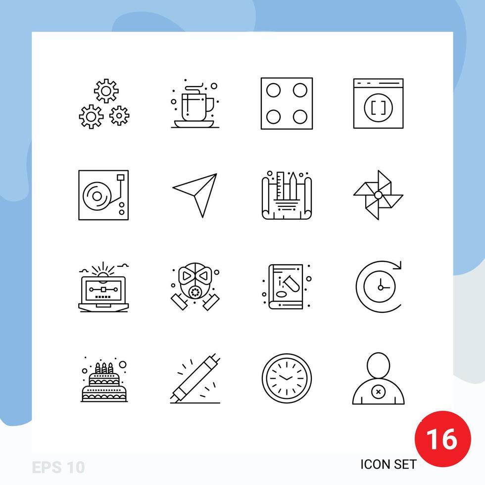 Stock Vector Icon Pack mit 16 Zeilenzeichen und Symbolen für die Elektroentwicklung von Disk-Musik, die editierbare Vektordesign-Elemente codieren