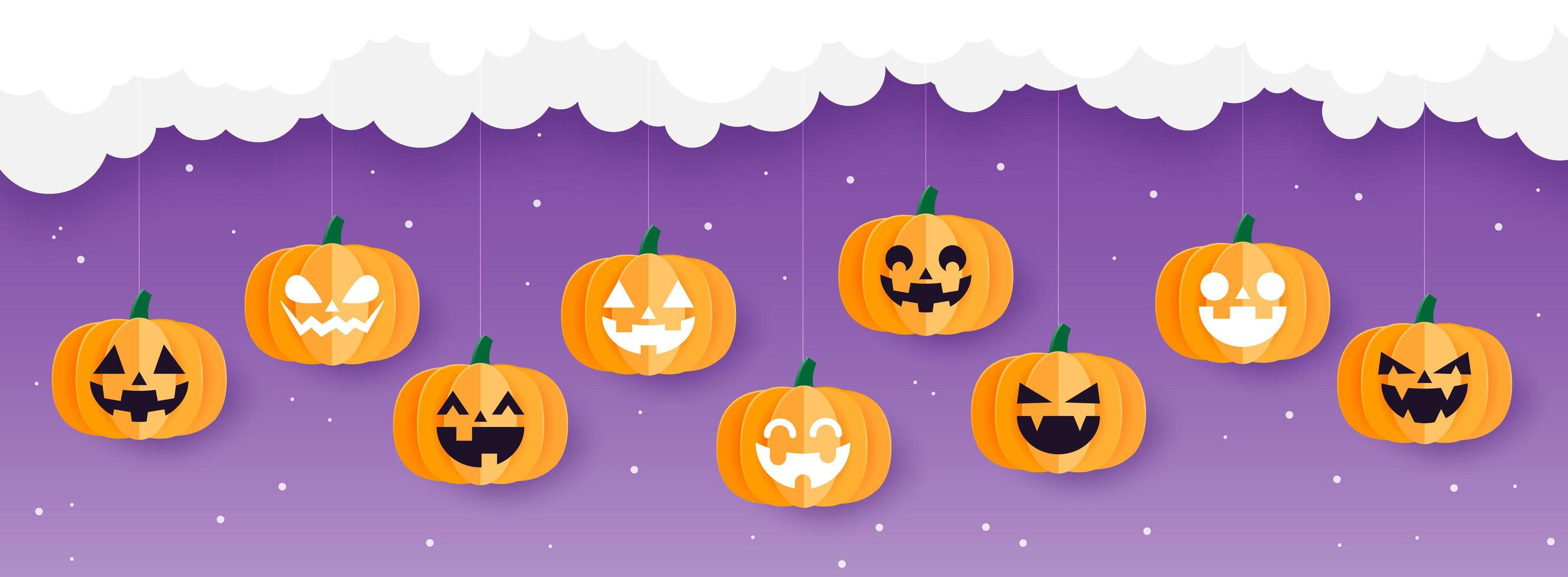 lycklig halloween-banner med pumpor, papperskonststil vektor