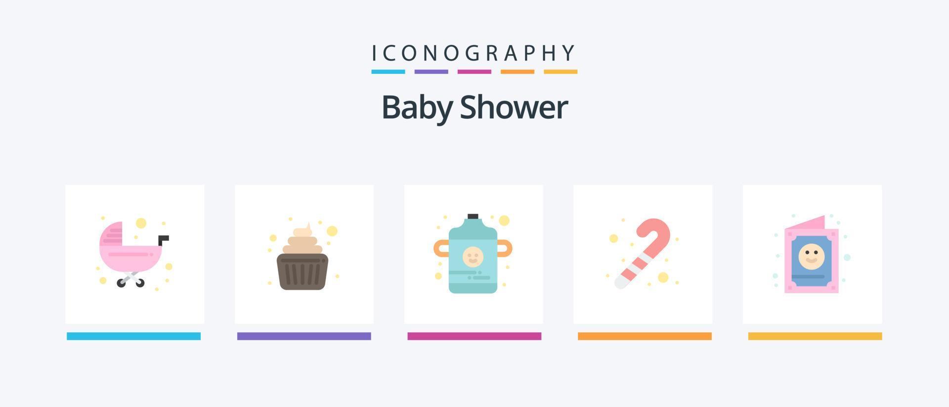 bebis dusch platt 5 ikon packa Inklusive söt. kort. unge. bebis. godis sockerrör. kreativ ikoner design vektor