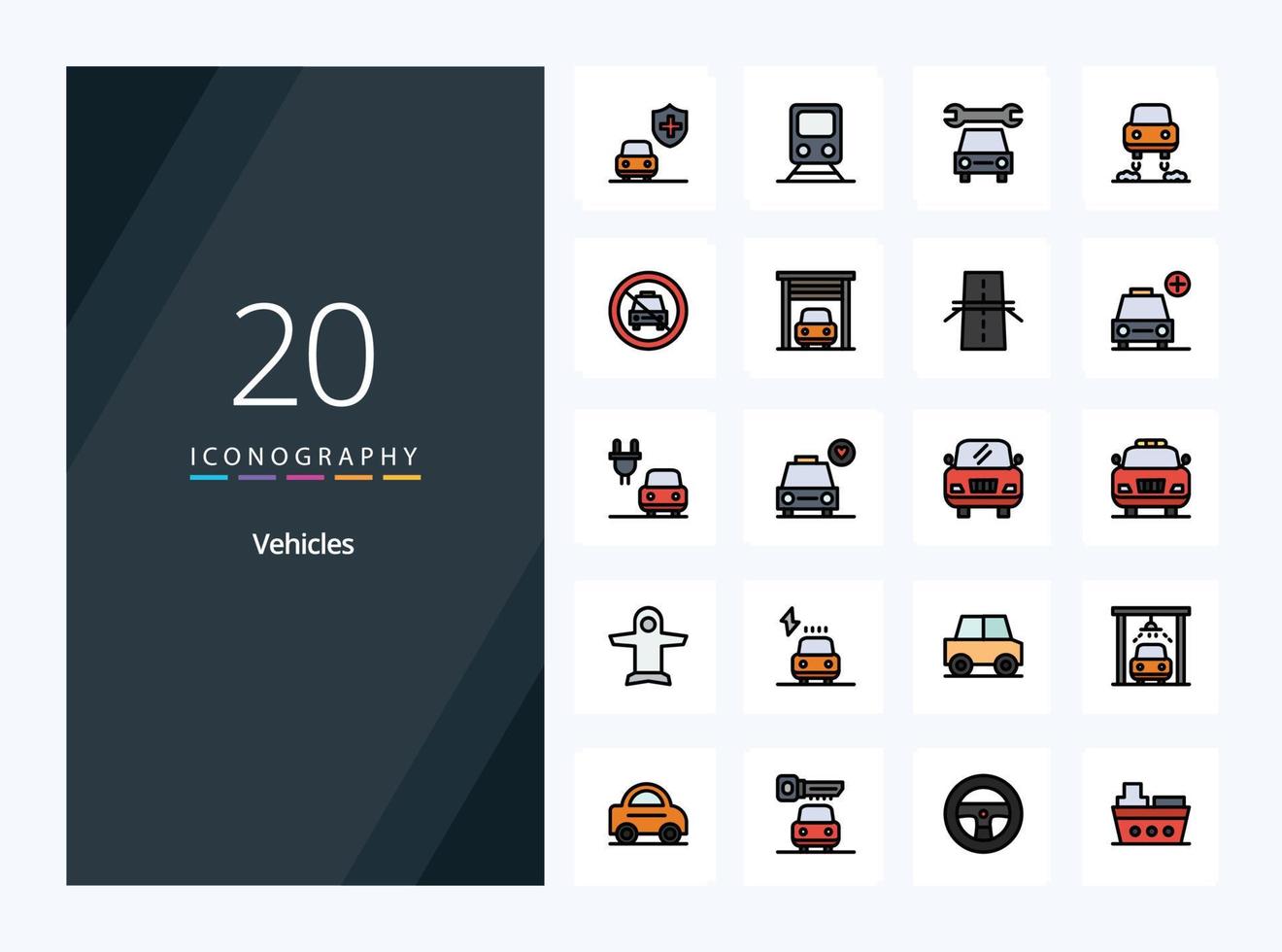 20 fordon linje fylld ikon för presentation vektor