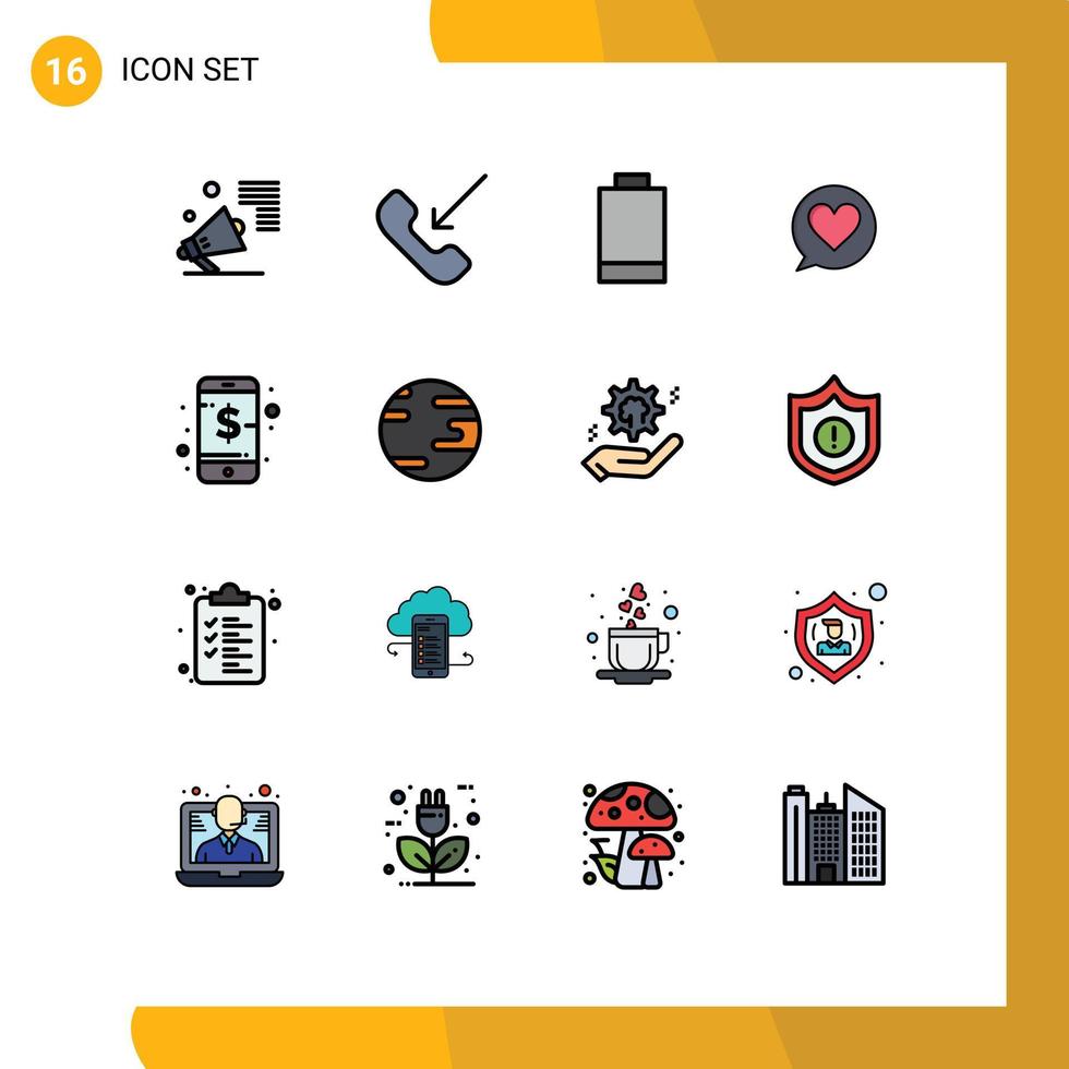 gruppe von 16 modernen flachen farbgefüllten linien für telefongeschäft telefonherz-chat editierbare kreative vektordesignelemente vektor