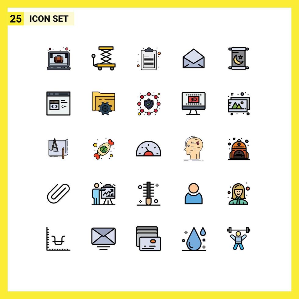 25 fylld linje platt Färg begrepp för webbplatser mobil och appar helig ramadan kolla upp lista öppen post redigerbar vektor design element