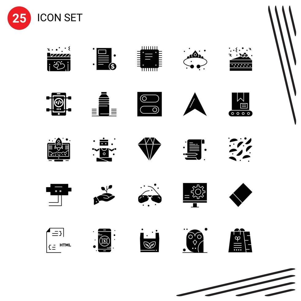 Stock Vector Icon Pack mit 25 Zeilen Zeichen und Symbolen für Schmuck Mode Rechnung Krone Motherboard editierbare Vektordesign-Elemente