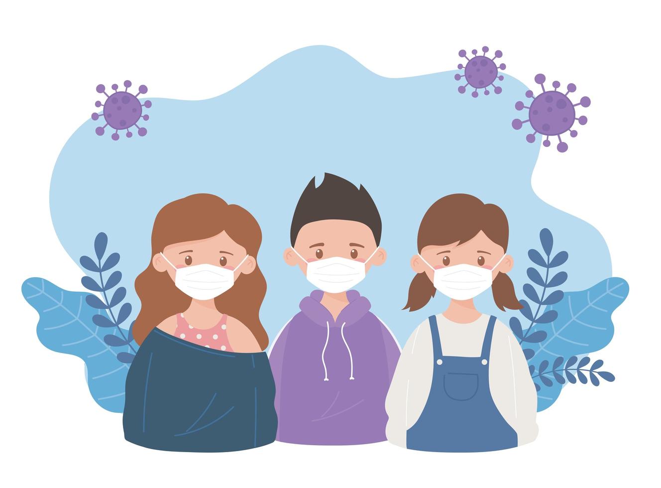 flickor och pojke med medicinsk mask, förebyggande rekommendation, coronavirus covid 19 vektor