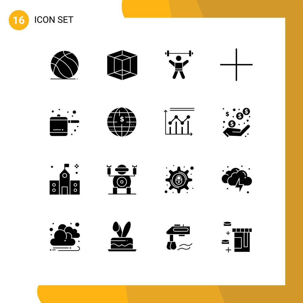 Solides Glyphenpaket mit 16 universellen Symbolen für die Zukunft des Geldes, Küche, Leichtathletik, plus bearbeitbare Vektordesignelemente vektor