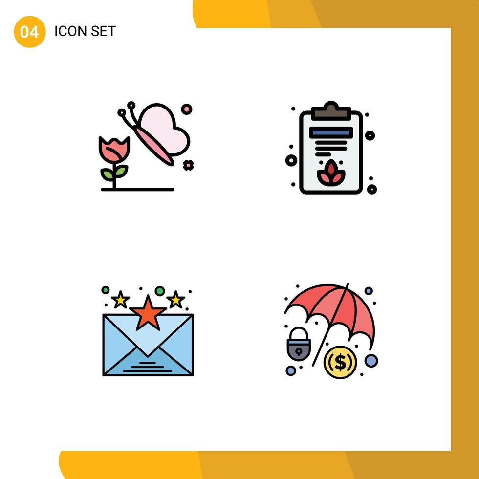 Gruppe von 4 gefüllten flachen Farben Zeichen und Symbolen für Schmetterling und Blume Cyber-Kriminalität Zwischenablage E-Mail-Hacker editierbare Vektordesign-Elemente vektor