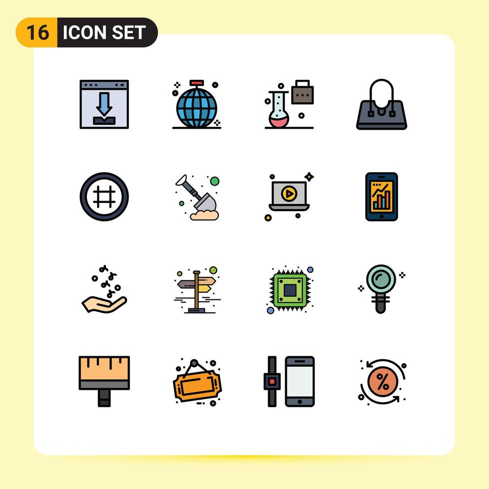 redigerbar vektor linje packa av 16 enkel platt Färg fylld rader av handväska väska disko vetenskap portfölj vetenskap utbildning redigerbar kreativ vektor design element