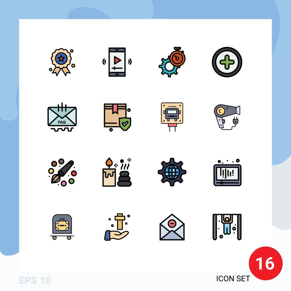 piktogram uppsättning av 16 enkel platt Färg fylld rader av kommunikation plus video spelare app grundläggande miljö redigerbar kreativ vektor design element