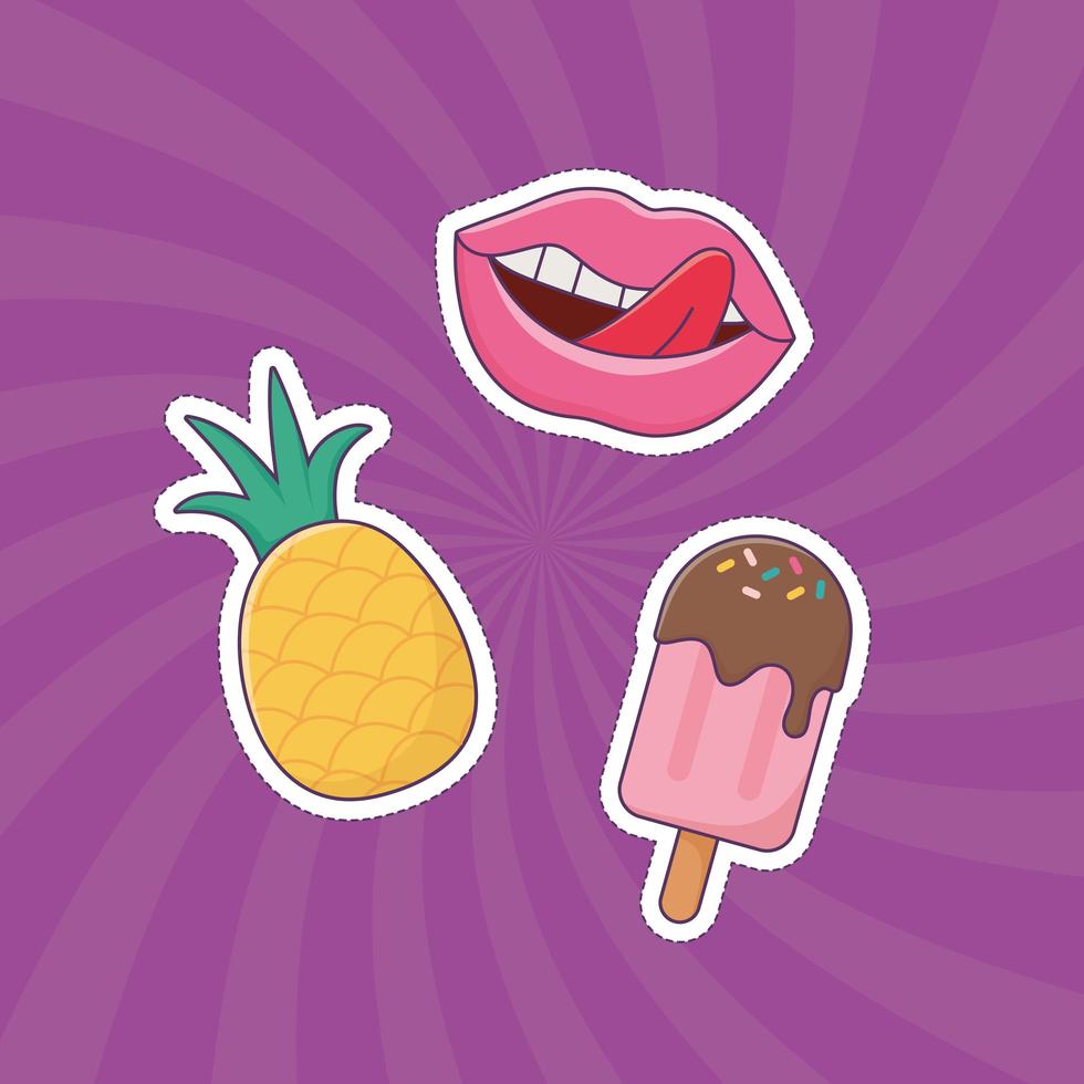 Lippen Eis Ananas Patch Mode Abzeichen Aufkleber Dekoration Symbol vektor