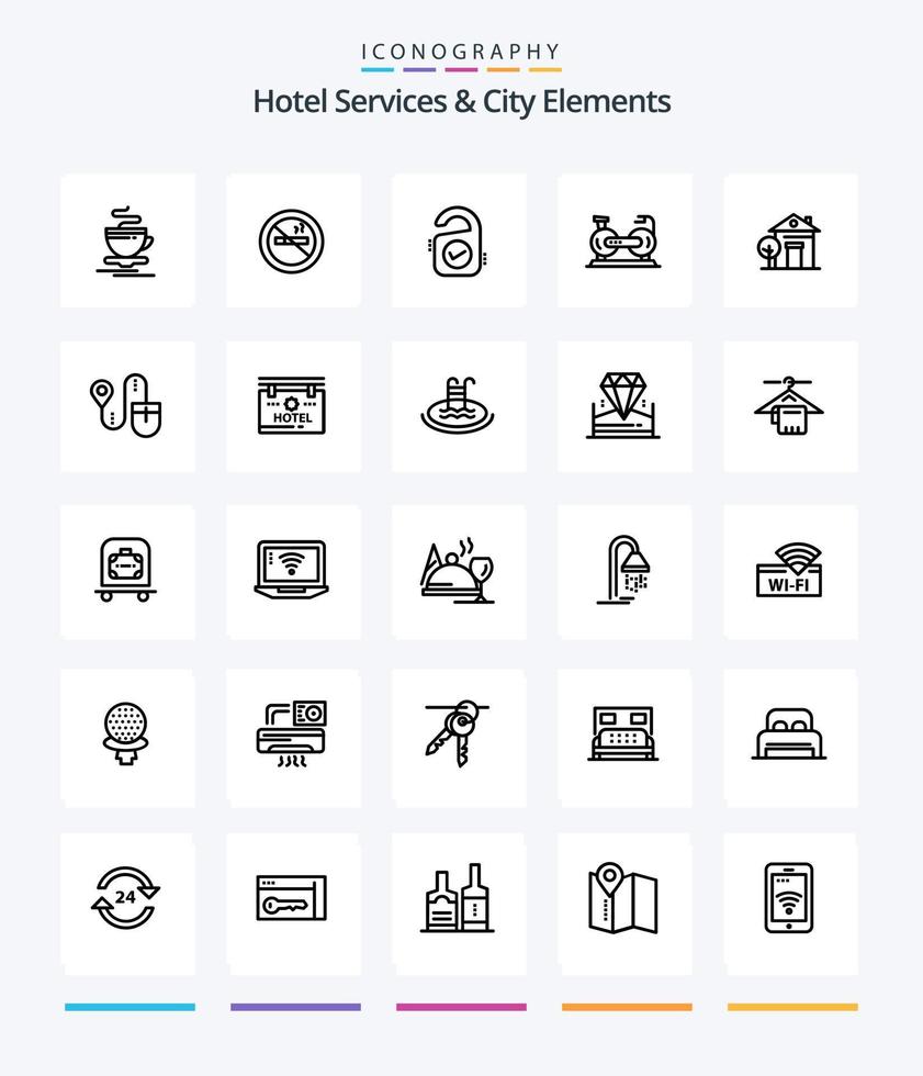 kreativ hotell tjänster och stad element 25 översikt ikon packa sådan som byggnad. cykel. märka . träning. cykel vektor