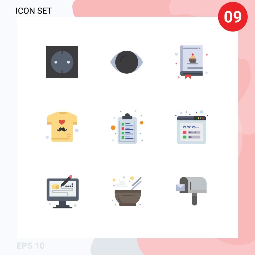 piktogram uppsättning av 9 enkel platt färger av lista kolla upp lista bakning skjorta far redigerbar vektor design element