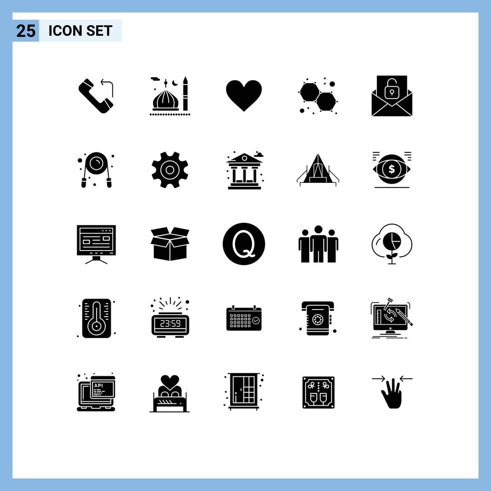 25 universell fast glyfer uppsättning för webb och mobil tillämpningar kuvert kommunikation kärlek molekyl atomer redigerbar vektor design element