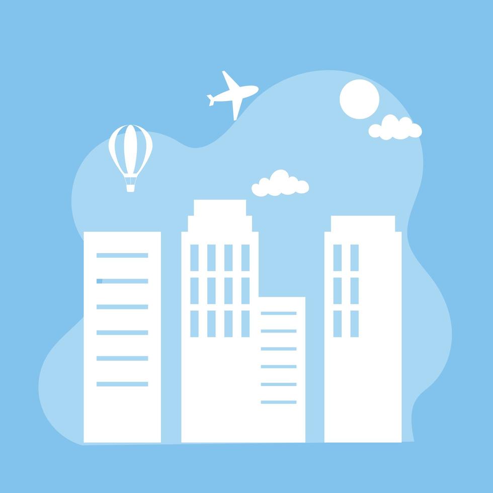 stadsbild flygplan luftballong skyline arkitektur silhuett blå bakgrund vektor