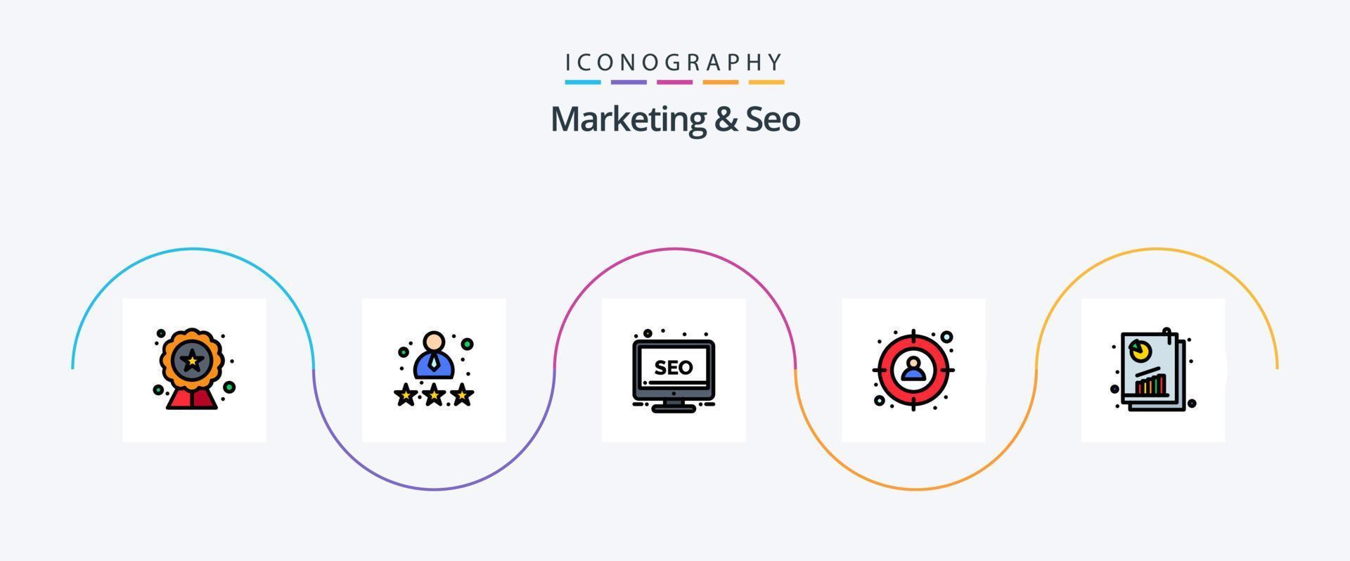 Marketing- und SEO-Linie gefülltes flaches 5-Icon-Paket einschließlich Analyse. Mann. Rezension. Ziel. Monitor vektor