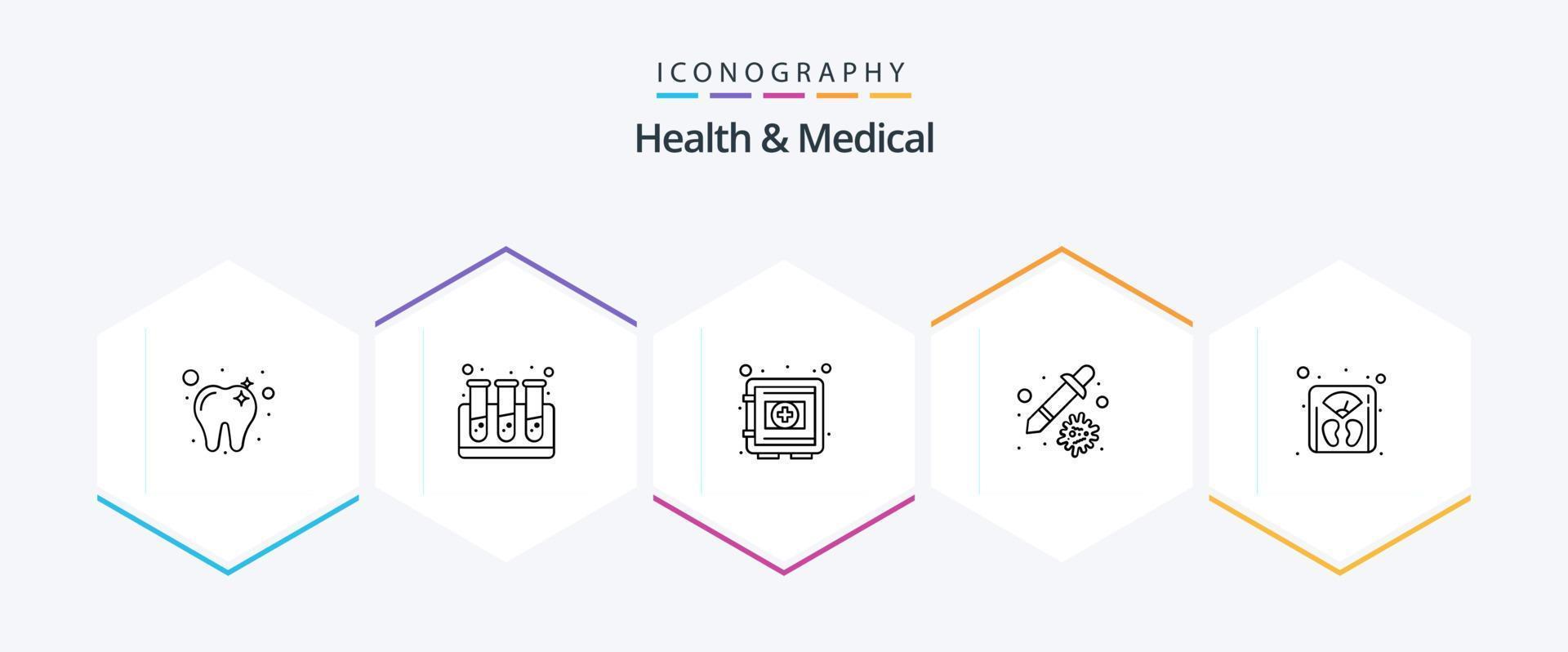 Gesundheit und Medizin 25-Zeilen-Icon-Pack einschließlich Gewicht. Verwaltung. Schutz. Virus. Gesundheitswesen vektor