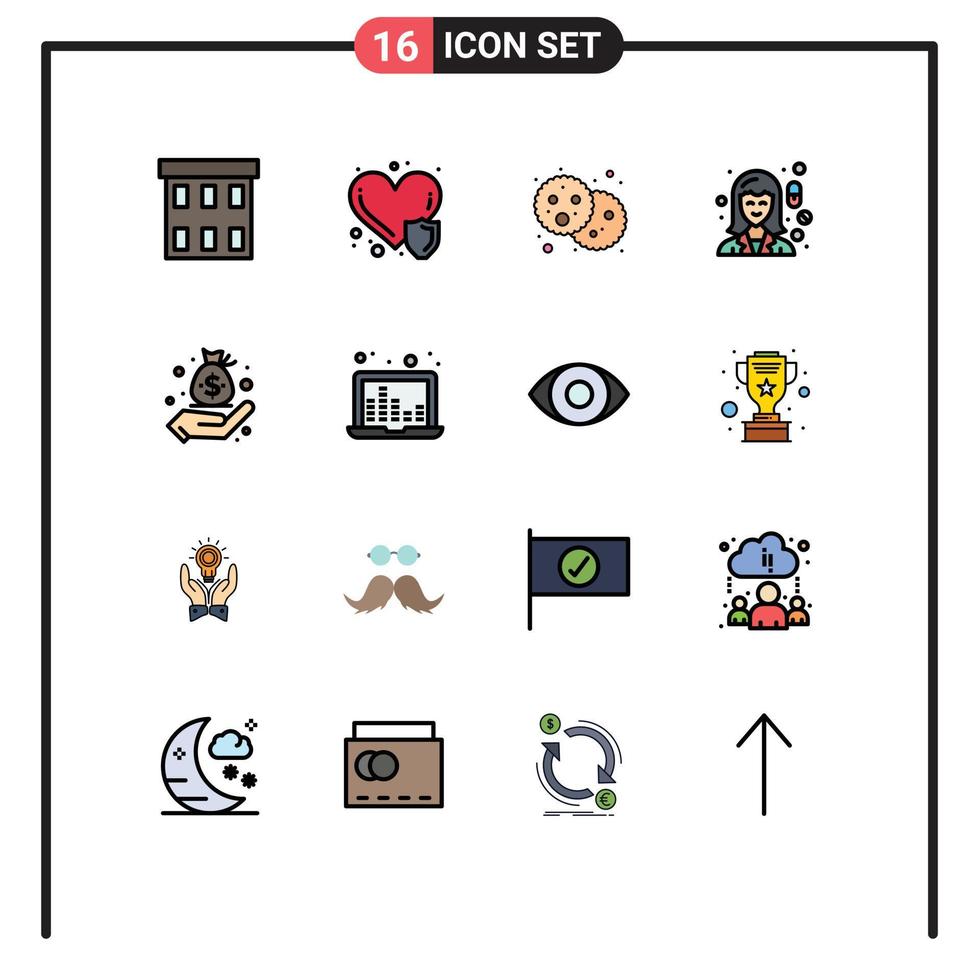 16 universelle, flache, farbgefüllte Linien, die für Web- und mobile Anwendungen festgelegt wurden. Frau Medizin Versicherung weibliche Partei editierbare kreative Vektordesign-Elemente vektor