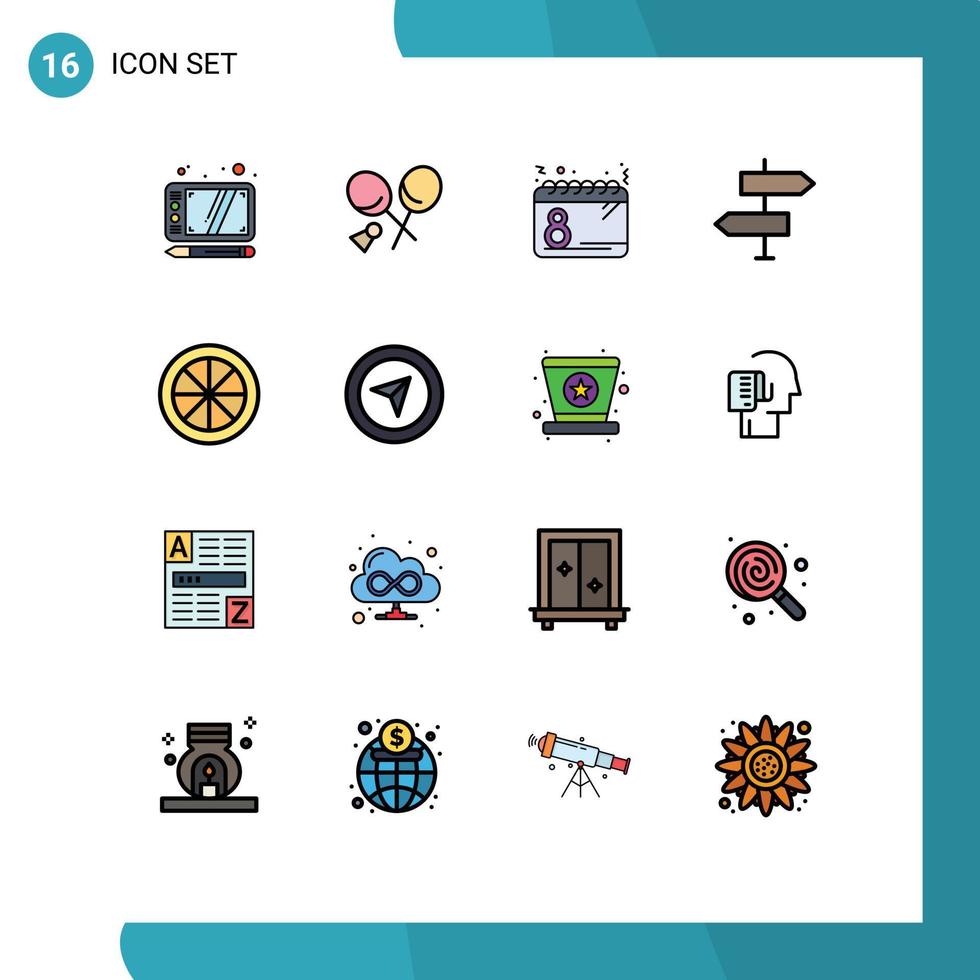 mobile schnittstelle flache farbe gefüllt linie satz von 16 piktogrammen von essen richtung tag basispfeil editierbare kreative vektordesignelemente vektor
