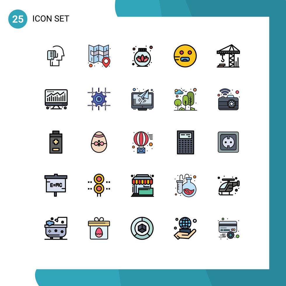 universelle Symbolsymbole Gruppe von 25 modernen gefüllten Linien flache Farben der Architekturschule Stift hungrige Emojis editierbare Vektordesign-Elemente vektor