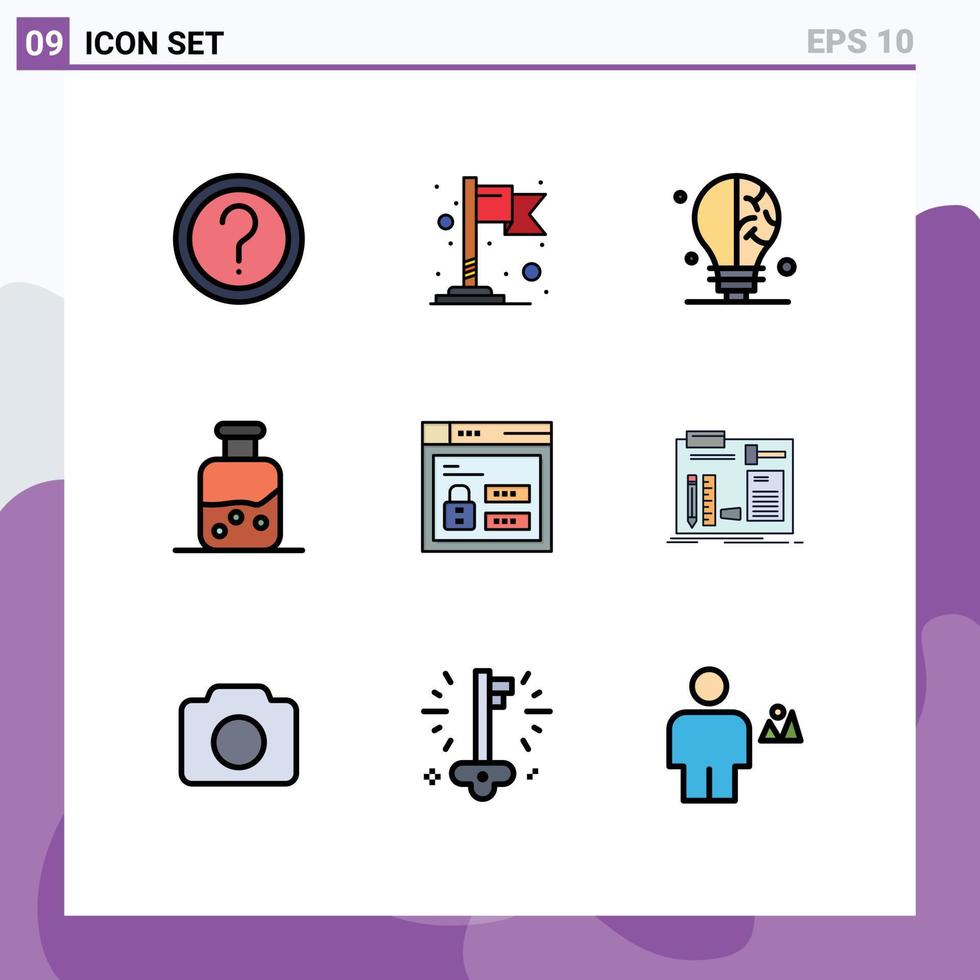 editierbares Vektorlinienpaket mit 9 einfachen gefüllten flachen Farben von Louck-Browser-Glühbirnenflaschentest editierbare Vektordesign-Elemente vektor