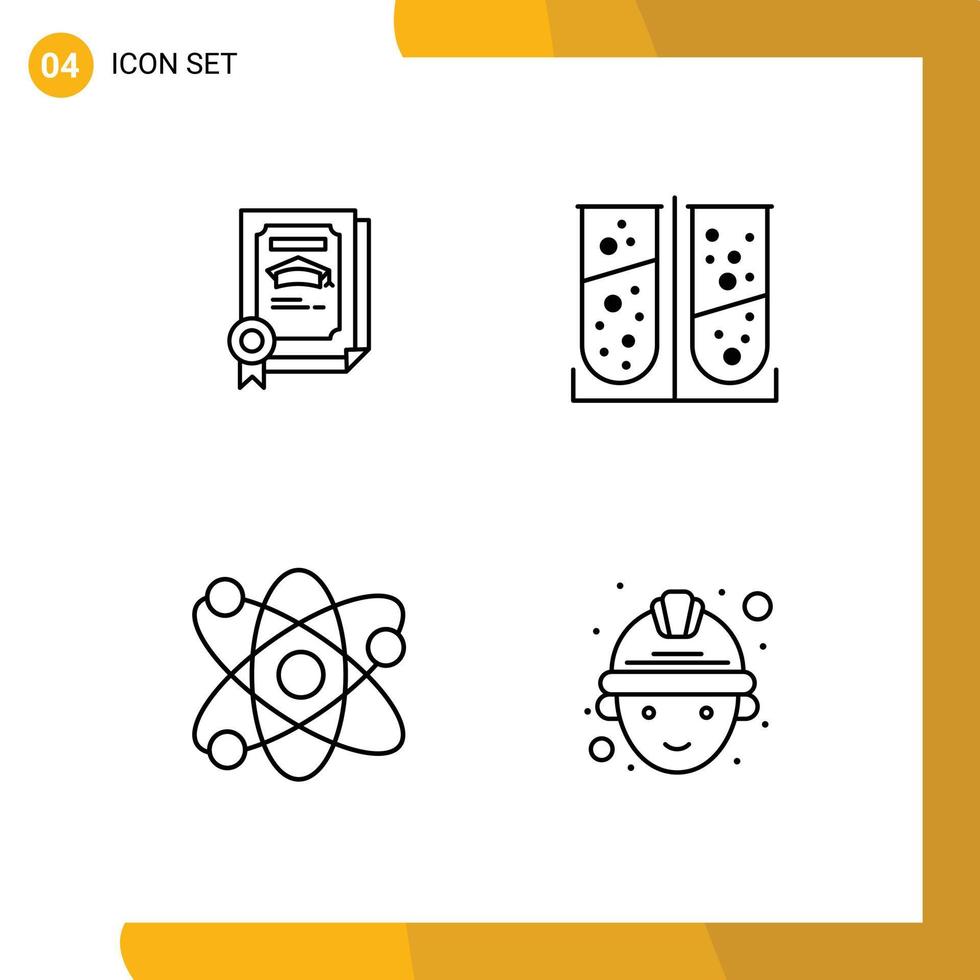 Gruppe von 4 modernen Filledline-Flachfarben, die für bearbeitbare Vektordesign-Elemente für Laborabsolventen im Labortest Atom festgelegt werden vektor