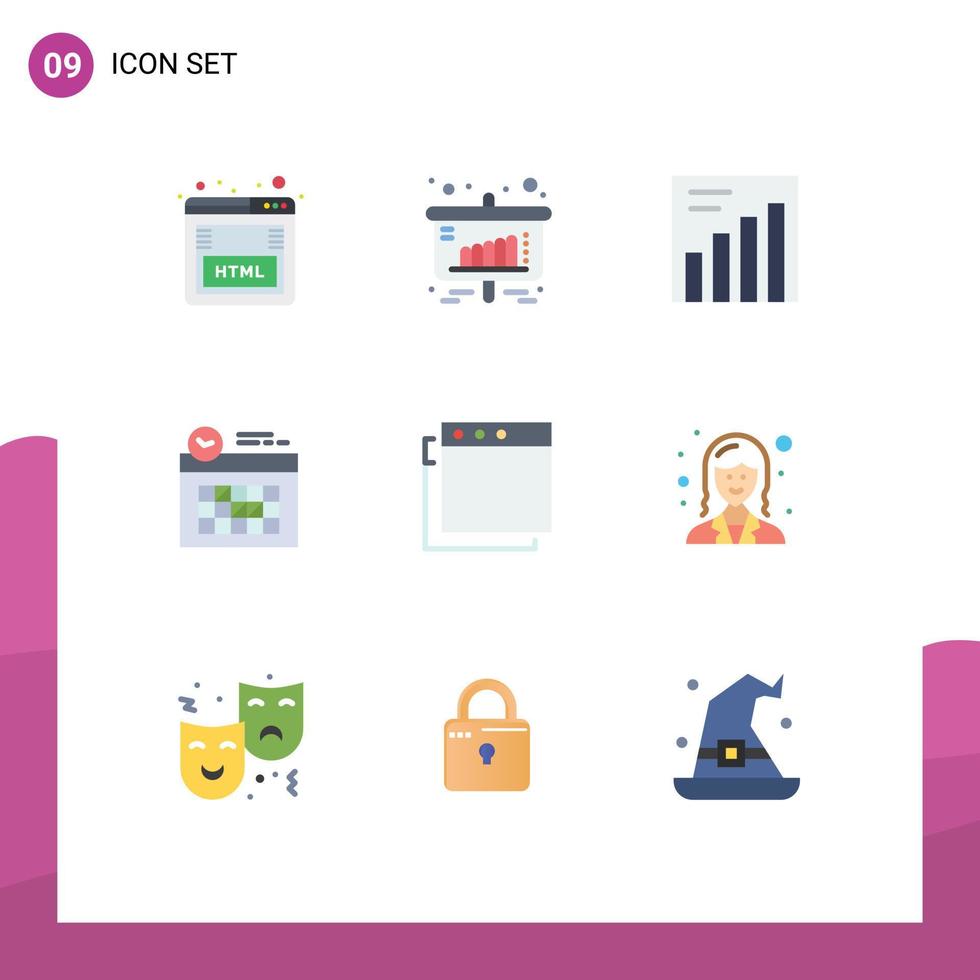 Flaches Farbpaket mit 9 universellen Symbolen für Mitarbeiter-Mac-Analytics-Apps, Uhr, editierbare Vektordesign-Elemente vektor