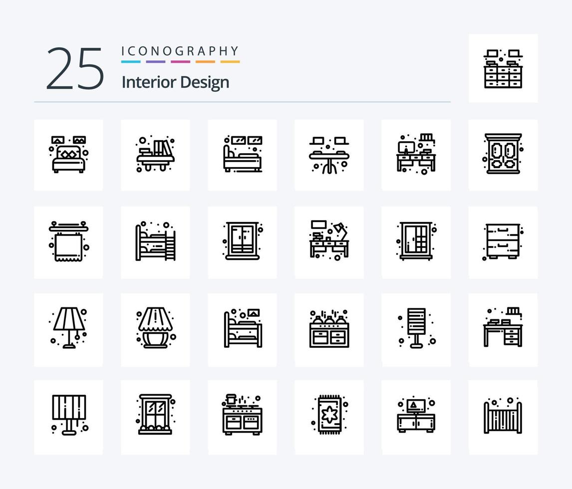 Innenarchitektur 25-Zeilen-Icon-Pack einschließlich Innenausstattung. Schreibtisch. Schule. rahmen. einzel vektor