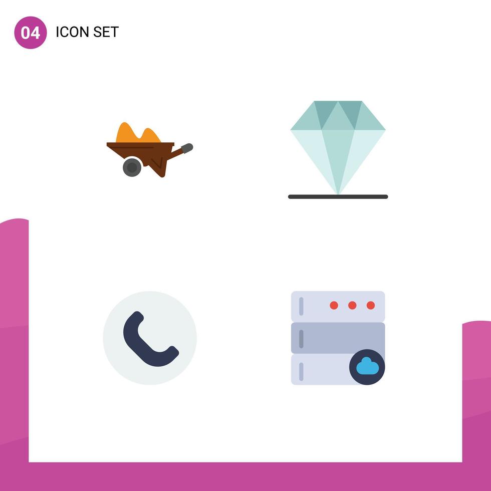 uppsättning av 4 vektor platt ikoner på rutnät för skottkärra ring upp trädgård vård telefon redigerbar vektor design element