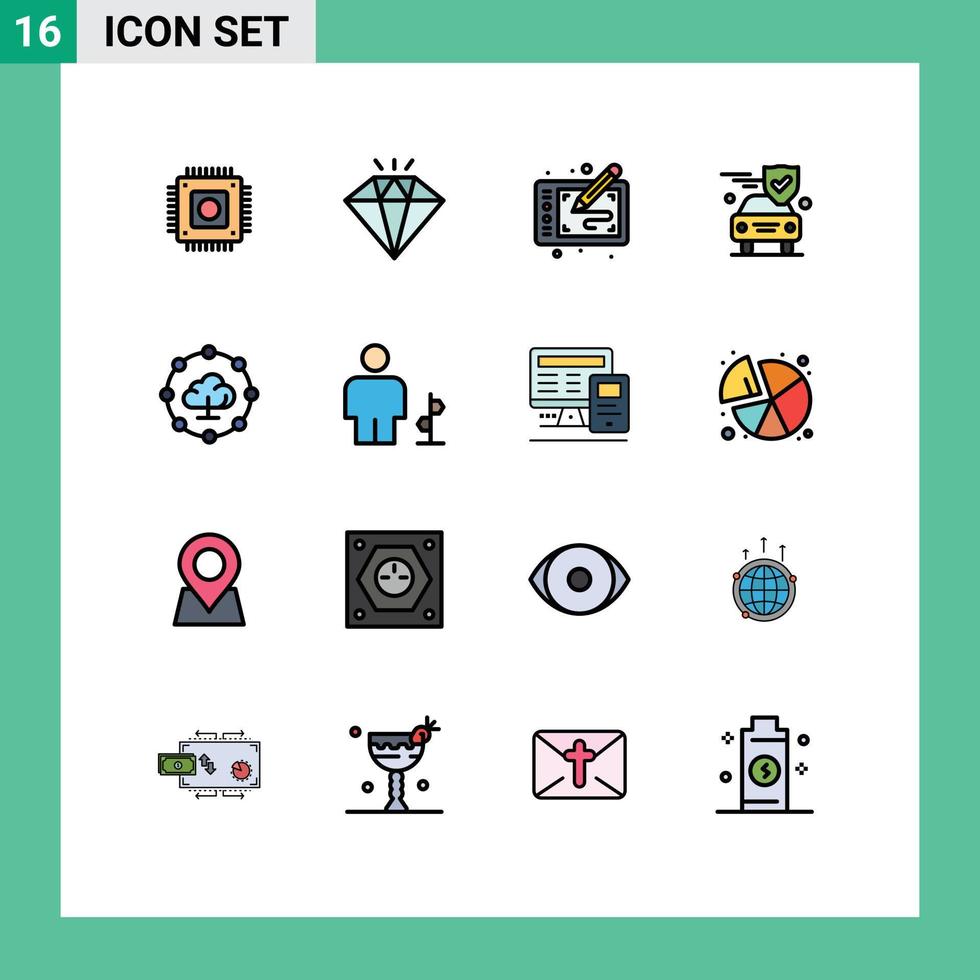 piktogrammsatz von 16 einfachen flachen farbgefüllten linien von netzwerkschild-tablet-sicherheitsauto-editierbaren kreativen vektordesignelementen vektor