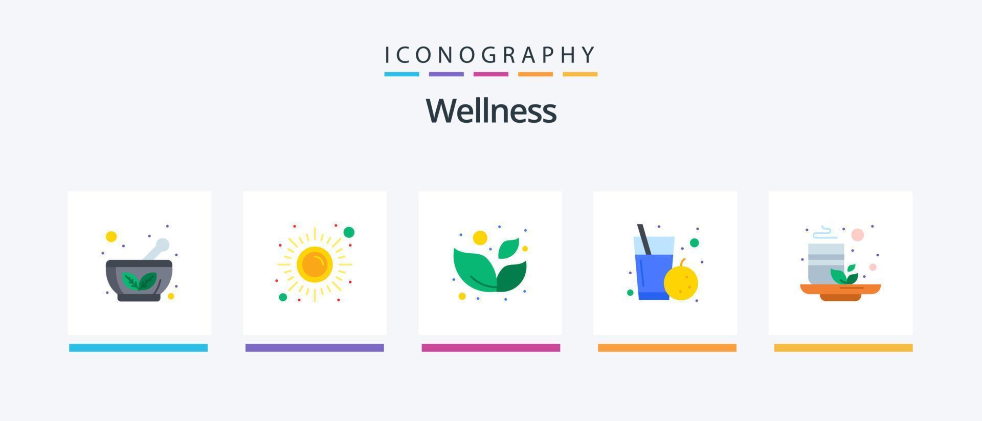 wellness platt 5 ikon packa Inklusive grön. hälsa. yoga. orange. frukt. kreativ ikoner design vektor
