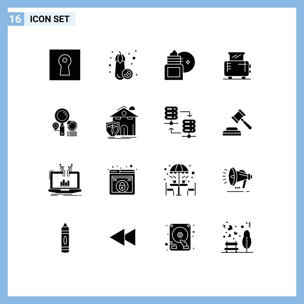 16 solides Glyphen-Konzept für mobile Websites und Apps Standort Toaster Körpermassagemaschine elektrisch editierbare Vektordesign-Elemente vektor