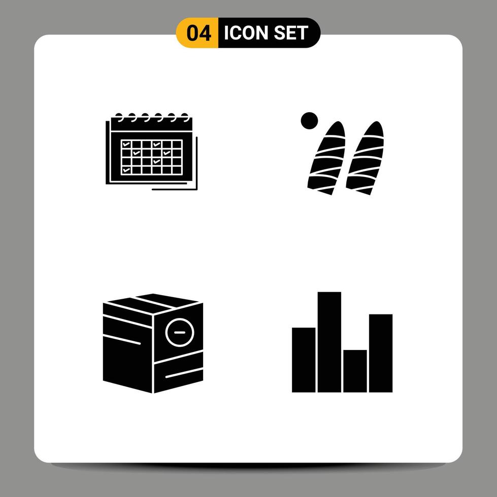 4 solides Glyphenkonzept für mobile Websites und Apps Kalender Wasserereignis Zeitplan Box editierbare Vektordesign-Elemente vektor