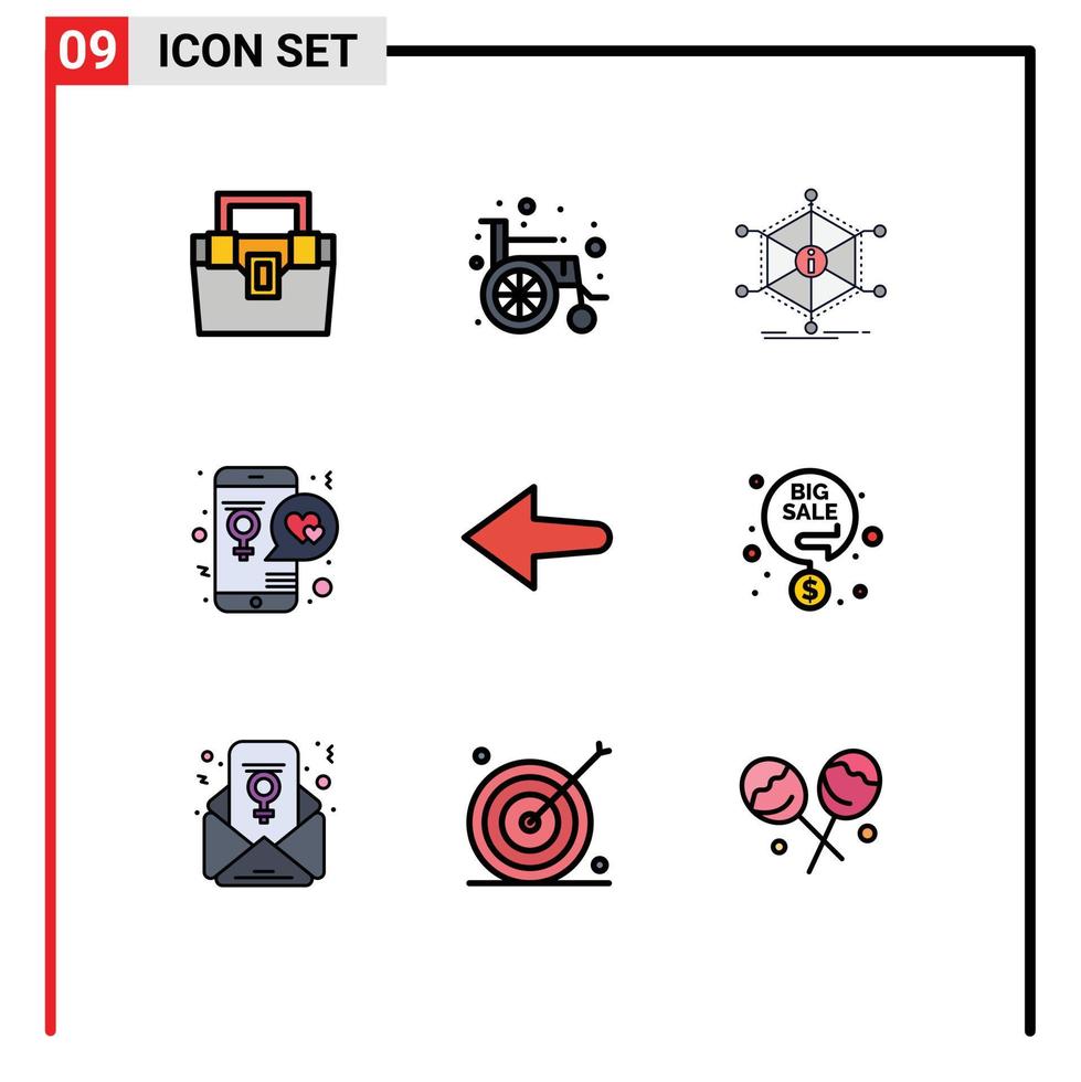Filledline Flat Color Pack mit 9 universellen Symbolen für mobile Love Data Day-Ressourcen, editierbare Vektordesign-Elemente vektor