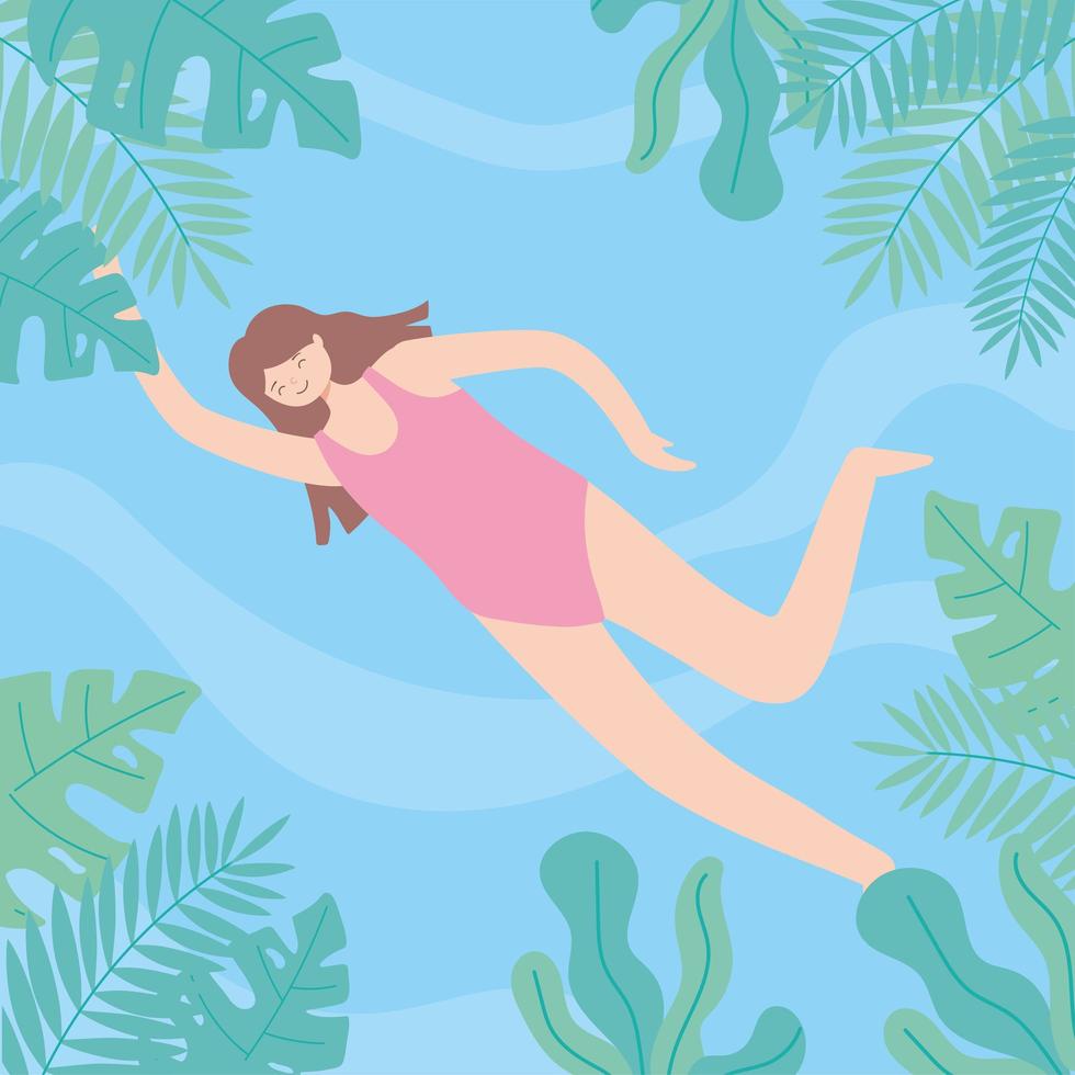 kvinna i bikini som simmar i poolen, lövverk lämnar ramen vektor
