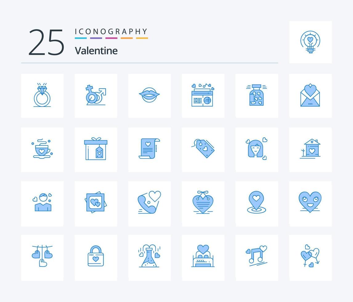 Valentine 25 Blue Color Icon Pack inklusive FM. Radio. Gänserich. Schönheit. Valentinsgrüße vektor