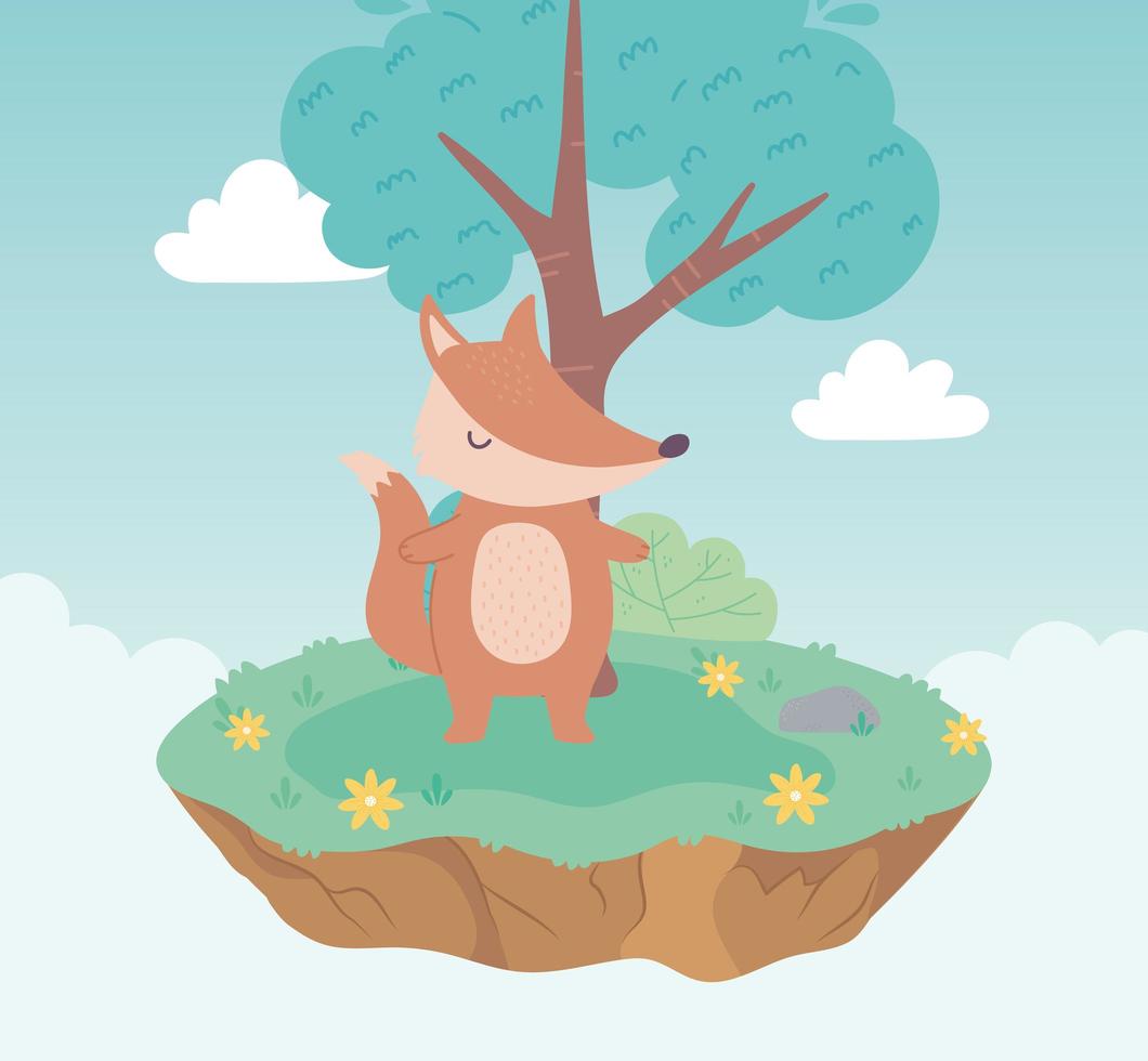 niedlicher Fuchs Tierkarikatur stehender Wiesenbaum und blüht Natur vektor