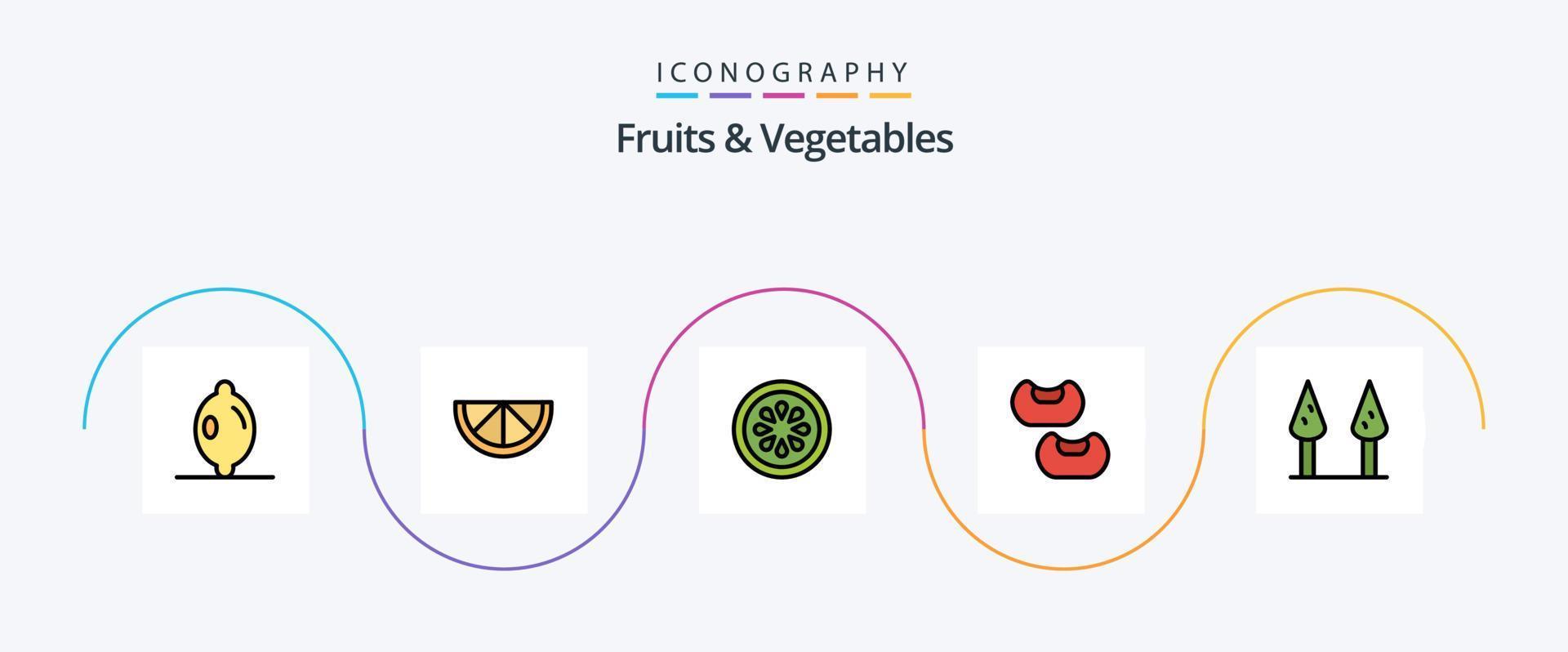 Obst- und Gemüselinie gefülltes flaches 5-Icon-Paket einschließlich . Bohne. vektor