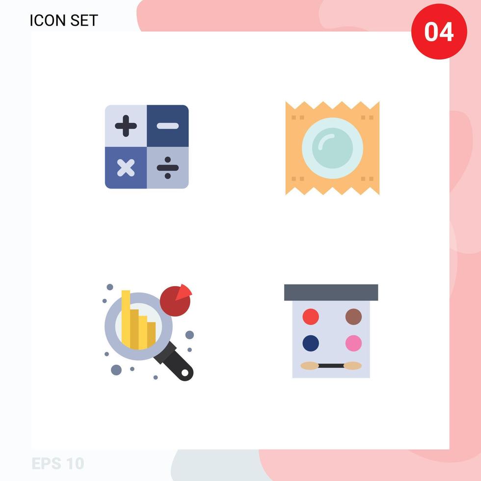 flaches Icon-Paket mit 4 universellen Symbolen für die Berechnung von Datenanalysen, Kondommedizin, Schönheit, editierbare Vektordesign-Elemente vektor