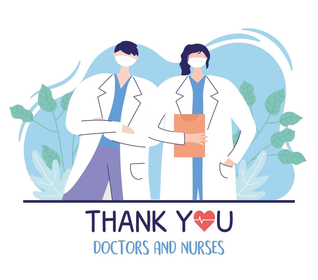 tack läkare och sjuksköterskor, manliga och kvinnliga läkare med medicinsk rapport vektor