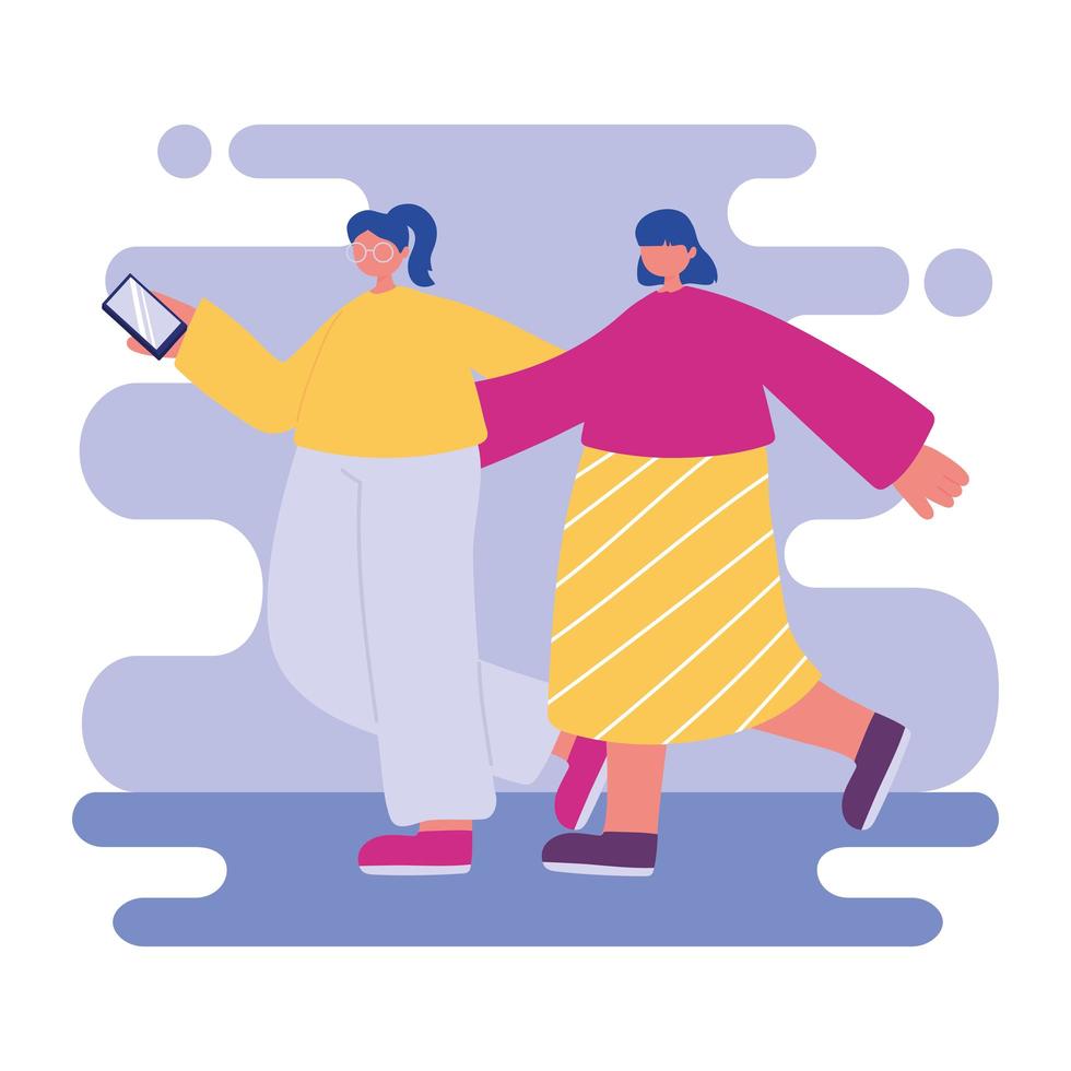 två tecknade flickor med mobil promenad vektor