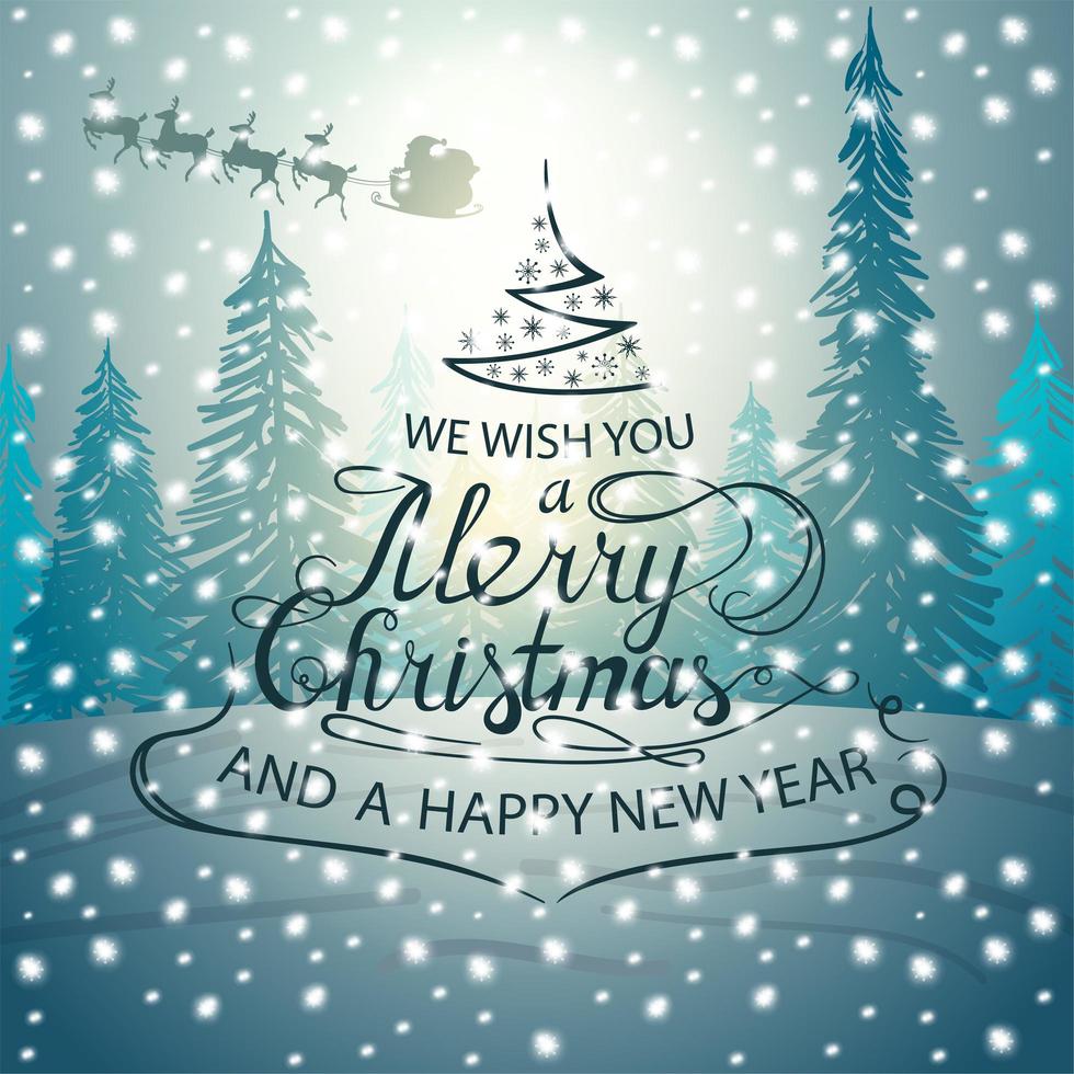 Vi önskar er god jul och ett gott nytt år, jul kalligrafiska tecken i form av julgran på bakgrund med vinterlandskap vektor