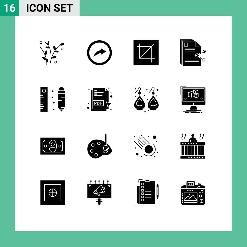 Mobile Schnittstelle solider Glyph-Satz von 16 Piktogrammen zum Zeichnen, Teilen von Designs, Teilen von Inhalten, editierbare Vektordesign-Elemente vektor