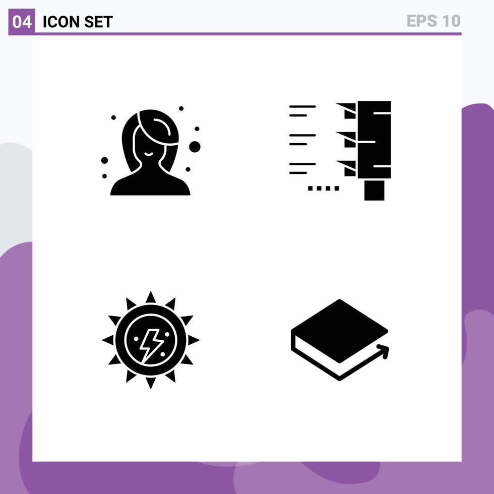 Stock Vector Icon Pack mit 4 Zeilenzeichen und Symbolen für Schönheit, Strom, Frau, Reisemünze, editierbare Vektordesign-Elemente