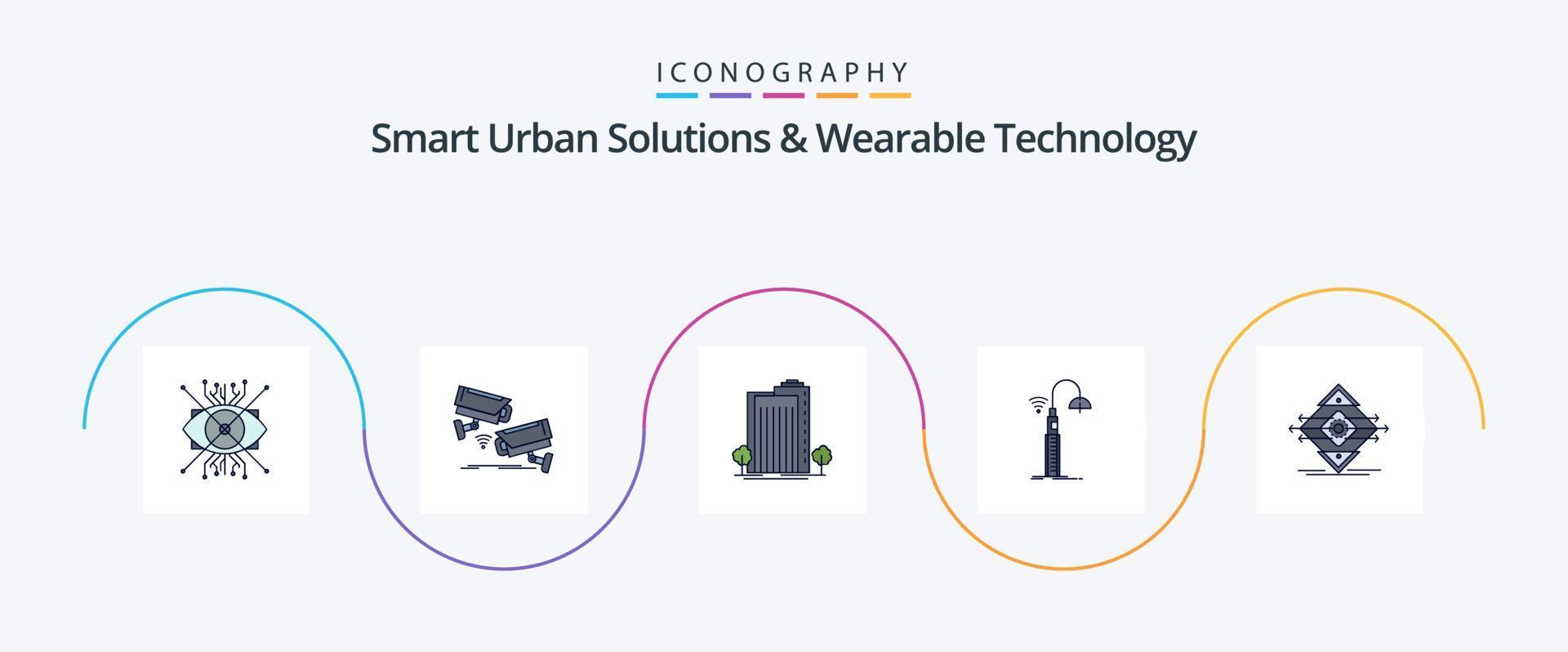 Intelligente urbane Lösungen und tragbare Technologielinie gefüllt mit flachen 5-Icon-Paketen einschließlich WLAN. Lichter. Überwachung. schlau. Pflanze, Anlage vektor