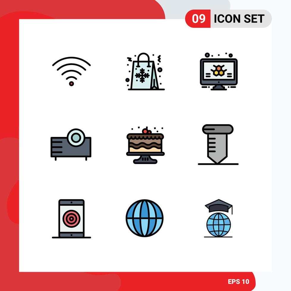 9 tematiska vektor fylld linje platt färger och redigerbar symboler av födelsedag projektor atom Produkter enheter redigerbar vektor design element